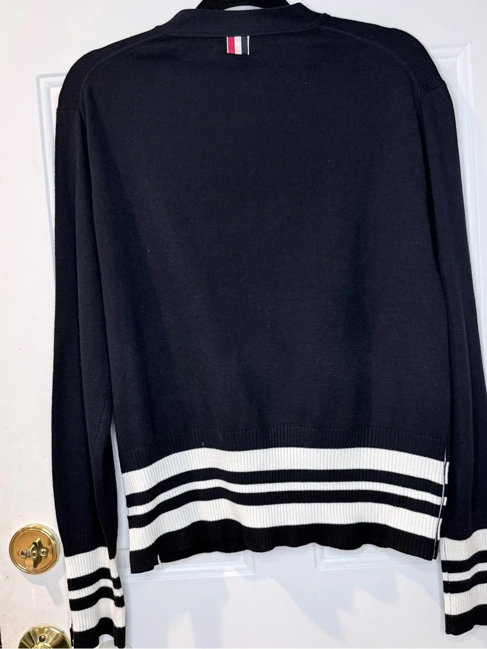 Authentic Thom Browne Navy Wool Cardigan Sweater Stripe Trim Made in Scotland SM